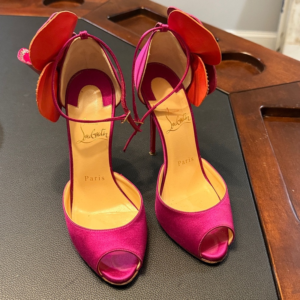 Christian Louboutin Fuchsia and Orange Peep Toe Heels sz 36 gently used